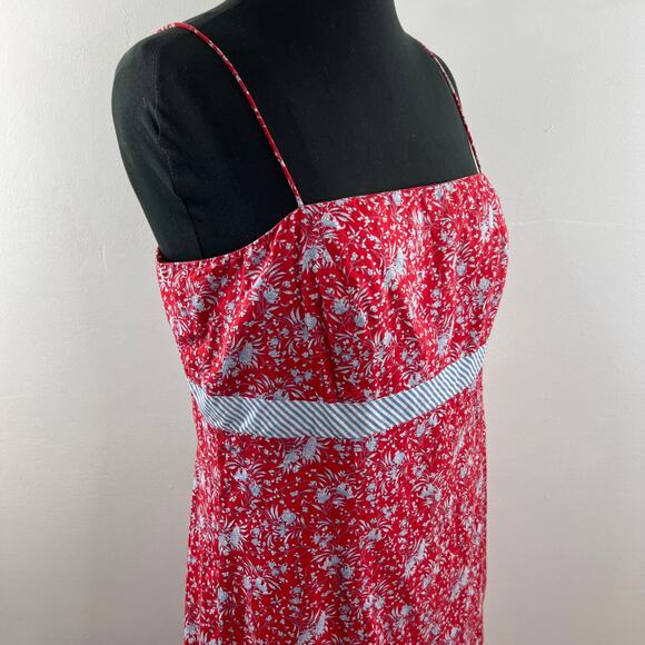 VTG Ann Taylor Red Blue Cami Dress Cotton Floral Print Square Back Tie Size 12 - Picture 6 of 9